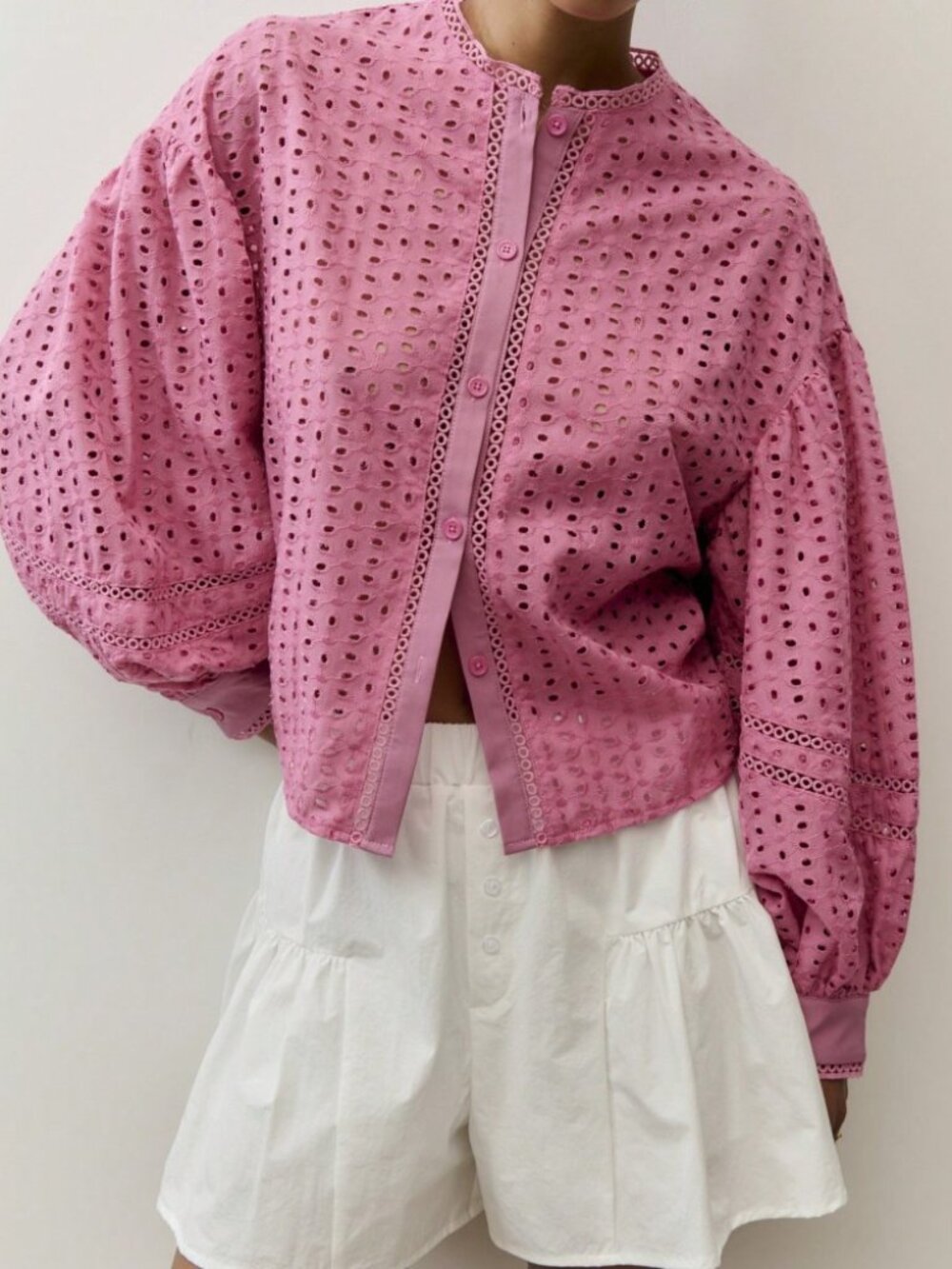 Pink Eyelet Lace Crop Blouse with Balloon Sleeves